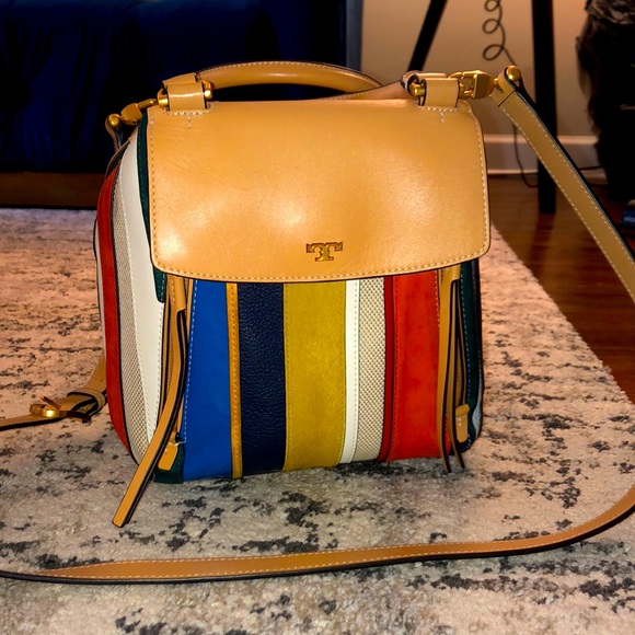 Tory Burch Half-Moon Balloon Stripe Satchel Bag - Picture 1 of 16